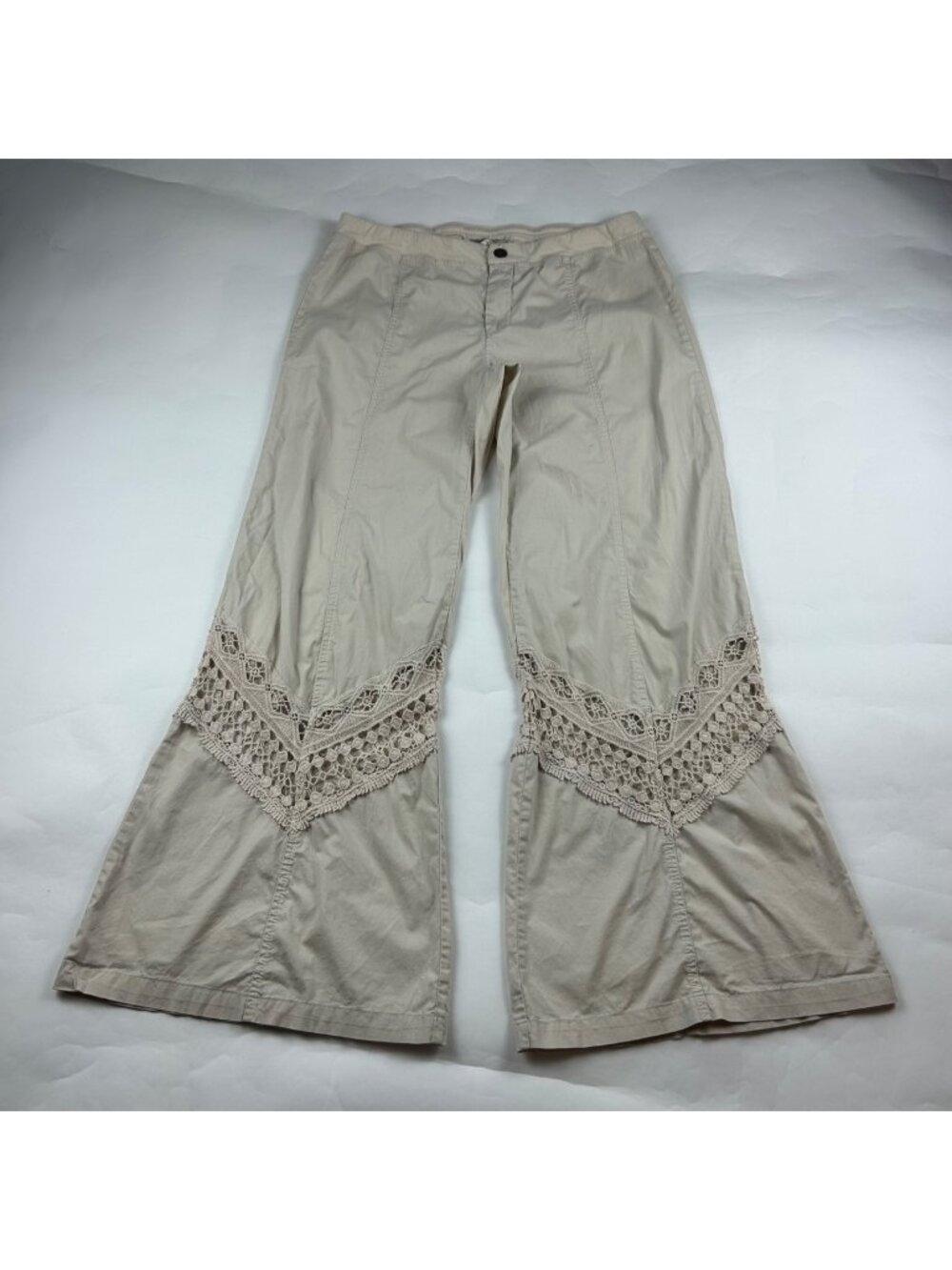 XCVI Tan Poplin Canvas Crochet Lace Accent Pant L